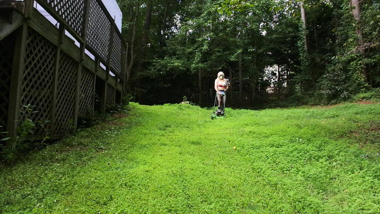 Jon Screcrow: Big Fake Tits Crossdresser in Daisy Dukes Mowing Grass