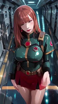 In de Sci-fi-trein draagt ze een strakke groene bepantsering, waarbij ze haar rode lippen aanraakt terwijl ze door het portgat naar het heelal kijkt.
