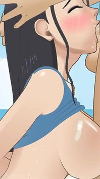 Nico Robin wordt in haar keel geneukt als een slet door Nami's vriendje op het strand