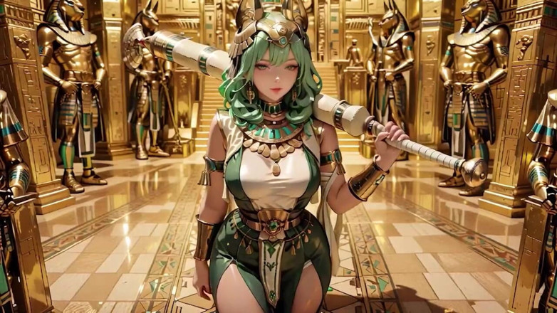 Seraphina Vale: Green-haired Egyptian Queen! Kneeling in the Golden Hall, Guarded by...