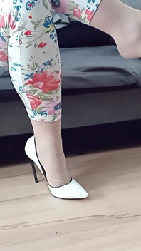 Crossdresser Dangling in White Casadei Blade Pointed Toe High Heels Pumps