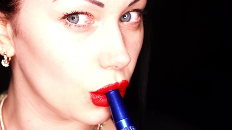 Goddess Misha Goldy: 4K Applying red lipstick and smoking hookah on black background