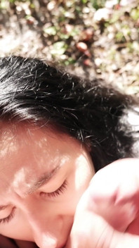 Outdoor submissive blowjob with massive cumshot on her face and eyes