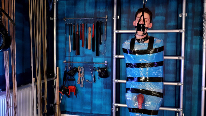 TomBakerBDSM: Twink Slave Bound in Pallet Wrap for Orgasm Control