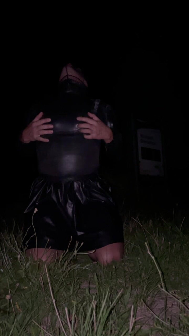 Black Latex Dress Fishnet Latex Mask Pantyhose High Heels Outdoor Sissy Slut (Pervy Lara)