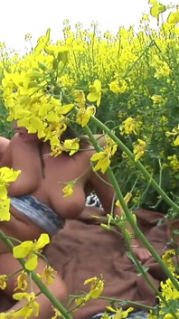 Sexy morena puta abre su coño junto con el culo a la polla dura en un campo lleno de flores