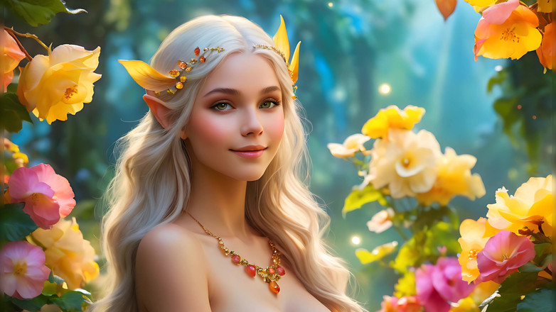 LustRender: Ai nude arte mulher segurando Begonia com Citrine Yellow Diamond...