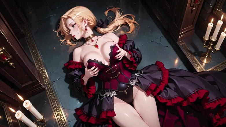 Tay Swift X: 黒いドレスを着たブロンド、赤いベルベットの上で揺れ、キャンドルライトの視線と扇子が鎖骨をからかう
