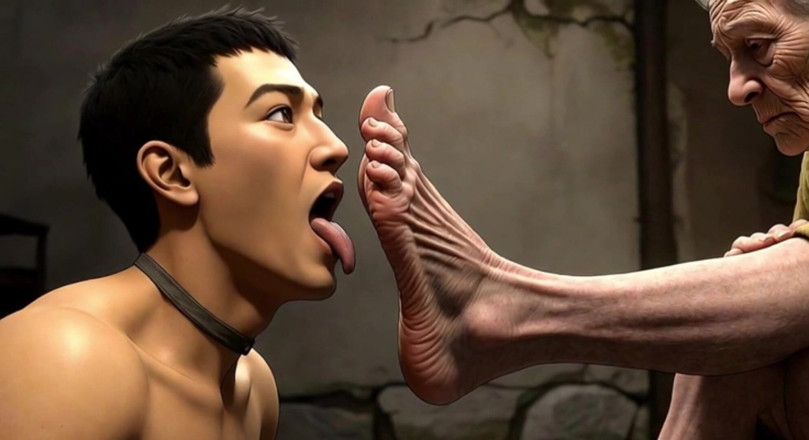YOUR BEST FANTASY: Male Slave Licking 90 Year Old Granny Wrinkled Feet - Horny Mistress
