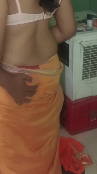 Casada glamour mulheres laranja saree posição em pé romance