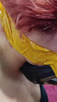 Tied with Plastic Tape Gagged with a Heel on the Face and Being Masturbated with a Toy