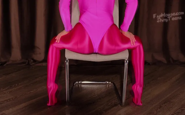 Shiny teens: 683 Hot pink spandex pantyhose and leotard