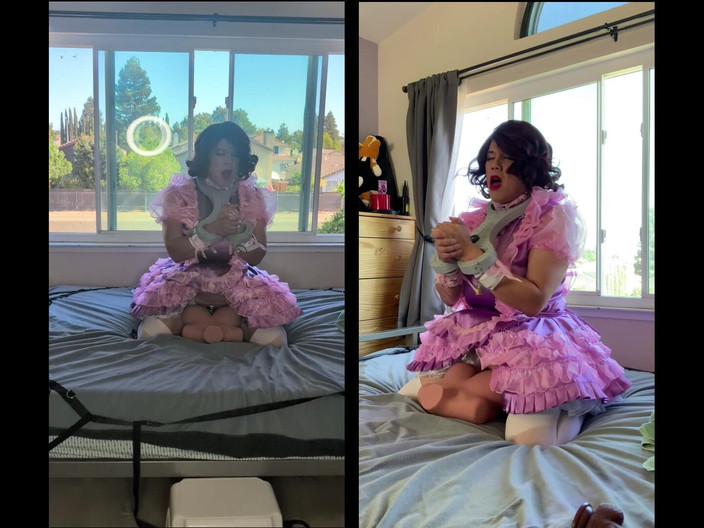 Sissy Candy: Pembe saten kadın kılıklı hizmetçi kilitliyken seks bebeği oyuncağına biniyor