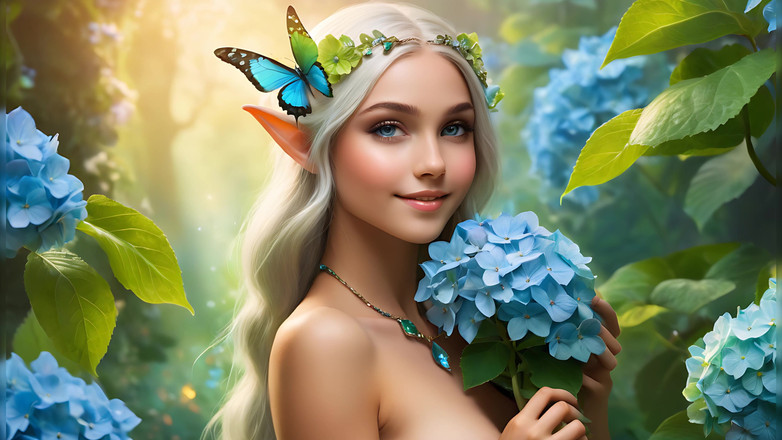 LustRender: Une beauté nue tient un hortensia bleu ciel | Jade Green...