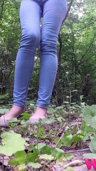 Skinny Brunette in the Woods Desperate to Pee Wet Her Pants