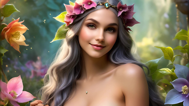 LustRender: Ai Artistic Nude - Krásná žena drží Hellebore s diamantovými šperky s dřevěným...
