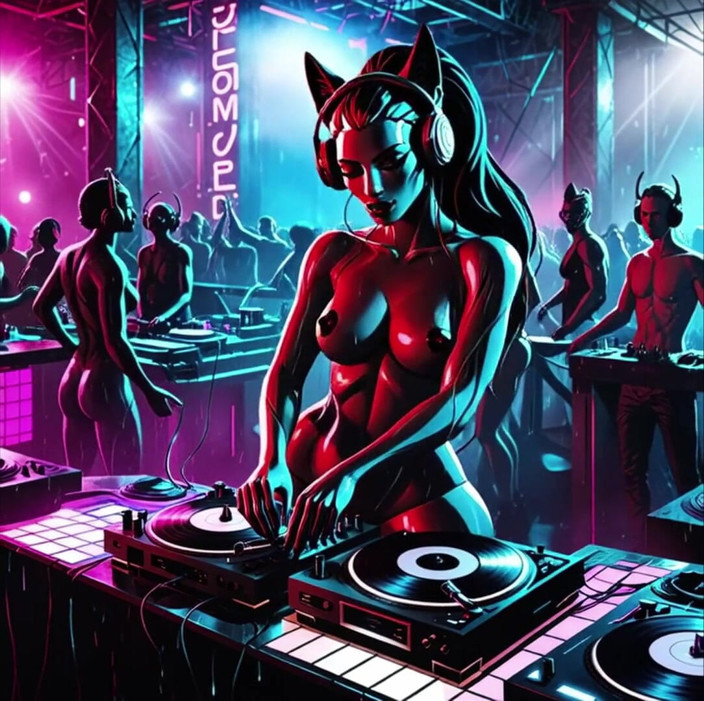 Horny van stevie: Sexy Demoness Dj Dystopian Cyberpunk Club Synthwave House Techno Ai