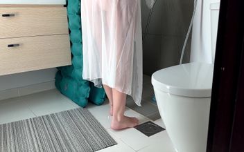 Stepmom Cleans the Bathroom in Her Sheer Dress. Slowly