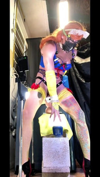 TS Shemale Beauty Blue Panties Stocking Outside Riding Big Green Dildo