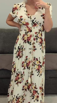 Long Floral Dress & Tan High Heels Try on