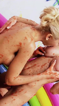 Hot and babes touch each other in the pool