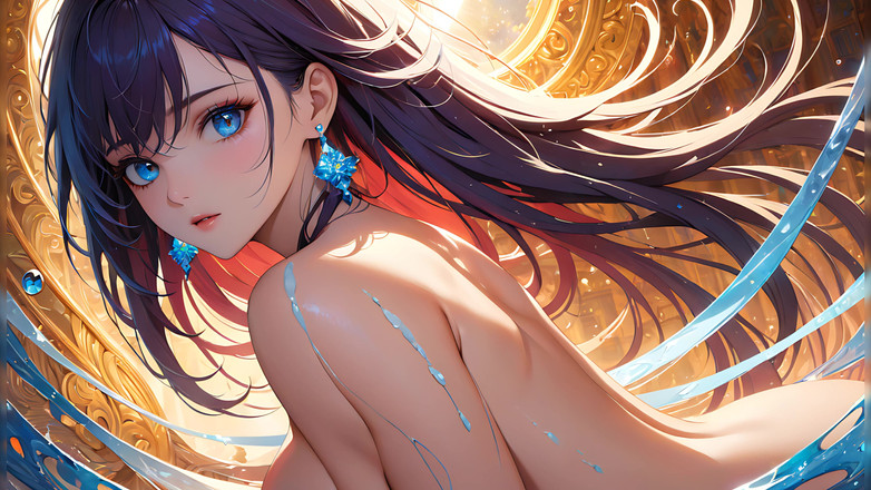 LustRender: 裸体美女的眼睛反射着充满活力的彩绘画布 - 艺术ai幻灯片