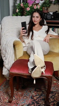 Skinny Secretary Kerry - Nylon Footplay & Shoeplay in Cream Sandals