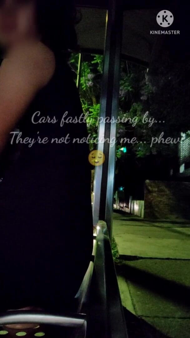 Traviezisha: 夜のバス停で車が通り過ぎる中、巨大なディルドに座っている弱虫痴女