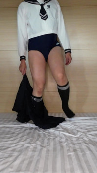 Sissy Kanisa Strip Show: Japanese School Uniform with Swimsuit as Underwear