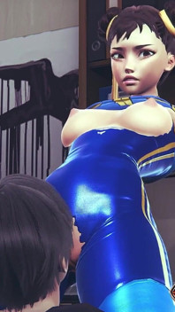 Chun Li Street Fighter 6 - anime cosplay sexy em traje de látex azul recebe sua buceta lambida através de calças apertadas com orgasmo