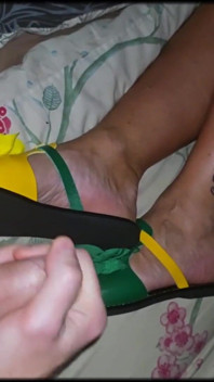 Stepmom in Bright Flip-flops in Bed with Her Stepson