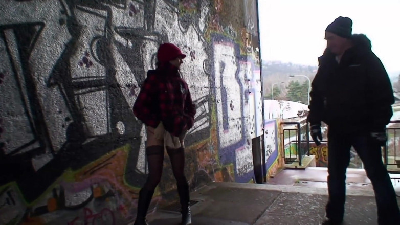 Nikky Thorne's Teen Club: Brunette fucking with old dude next to a railway