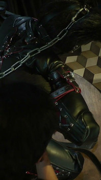Furry Stress Pose: Full Dog Suit, Leather Straps & Predicament Hang