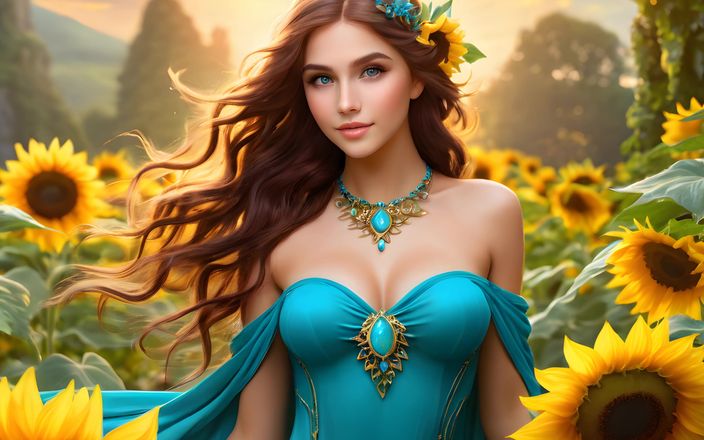 AI Girls: Красивые девушки-эльфы в саду ярких подсолнечников