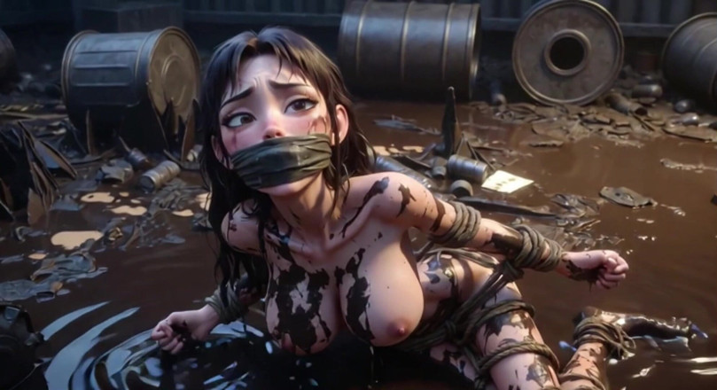 Anime Hentai: Brudna związana kobieta wrzucona do kosza - błagając o wypełnienie spermą