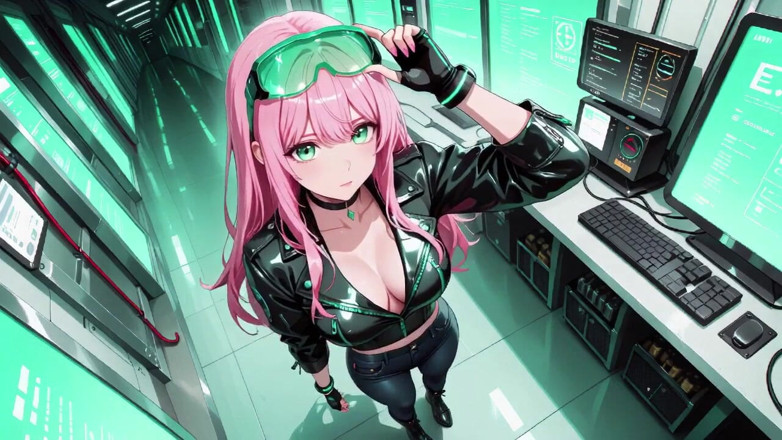 Tay Swift X: Pink-haired Leather Tech! Private Vibes in a Neon-lit Cyber Corridor.