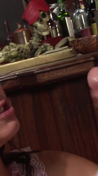 Brunette teen gets fucked by guy in costume