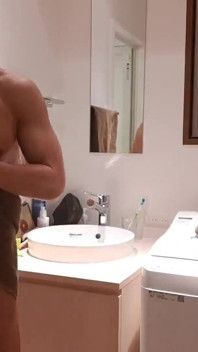 Japanese Muscle Man Strips and Washes His Body in Shower