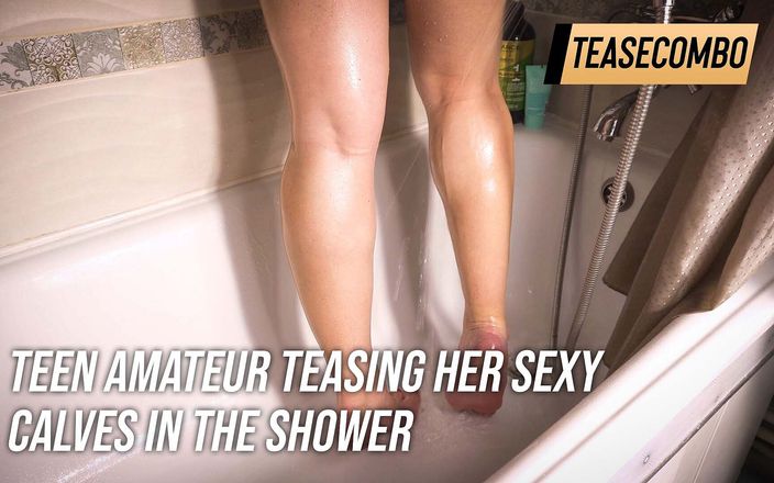 Teasecombo 4K: Tiener amateur plaagt haar sexy kalveren onder de douche