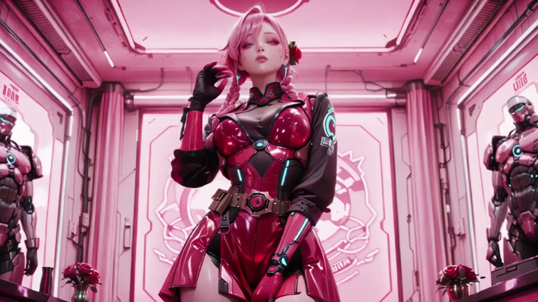 Seraphina Vale: Guerriero Mech dai capelli rosa! Inginocchiato in neon streets, Red...