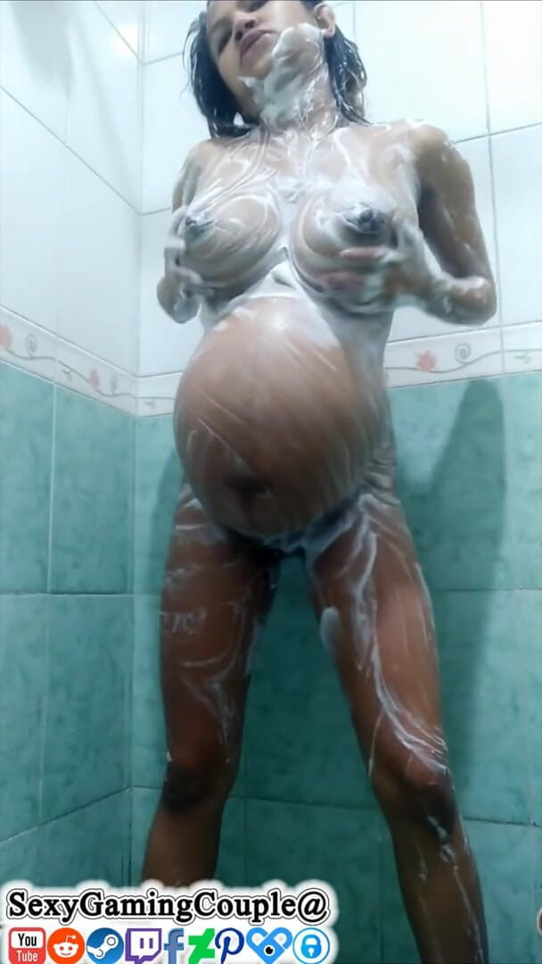 SexyGamingCouple: Pregnant soapy shower orgasm then has contractions and simulates birth