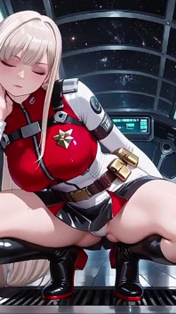 未来宇宙飞船中的私人时刻，她的白色制服伸展到完美