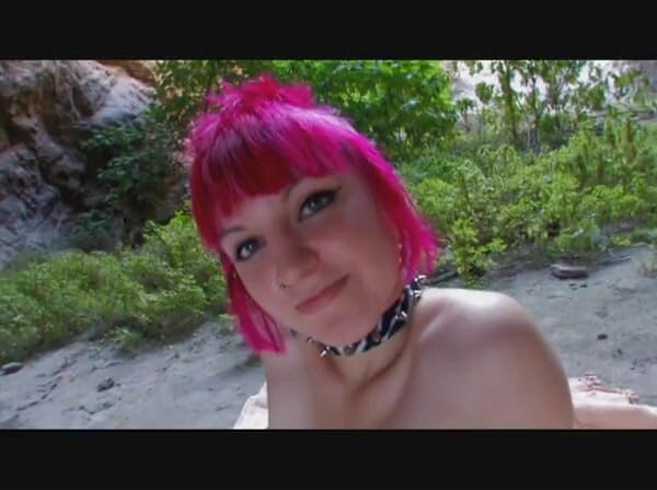 European Classics: Sexy slut with colored hair bows guy's cock outdoors