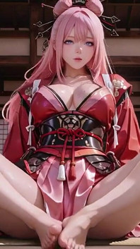 Crimson Samurai! นักรบผมสีชมพูคุกเข่าบนเสื่อทาทามิ ชุดกิโมโนมีร่องสูงลื่นเพื่อเผยให้เห็นต้นขาที่เต็มไปด้วยหิมะ