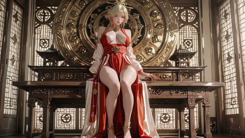 Seraphina Vale: Небесная богиня спускается! Красно-белая Hanfu, Золотые волосы, босиком в облачном массиве.
