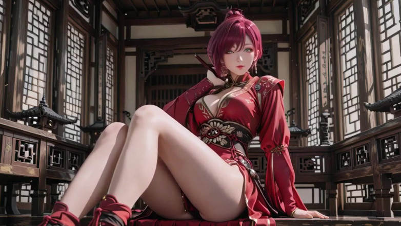 Seraphina Vale: Fioletowowłosa dziewczyna wojenna w Wysokiej szczelinie Kimono, klęcząc, aby drażnić...