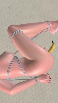 Kantoor banaan bondage: 3D-tekenfilmmeisje vastgebonden en gelikt met speelgoed