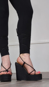 (663) Shoe Collection: Lace up Black Wedge Sandals - Dame Olga