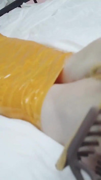 First-person Perspective Records the Girlfriend Wrapped in Tape From Head to Toe with Her Beautiful Bare Feet