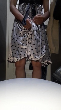 Crossdresser Cum Wearing Satin Silk Polkadot Dress with Silky Lining
